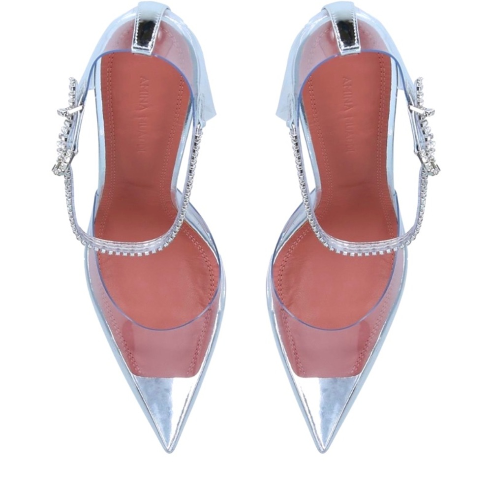 Amina Muaddi | Ursina Crystal Strap Pointed Toe Clear Pump